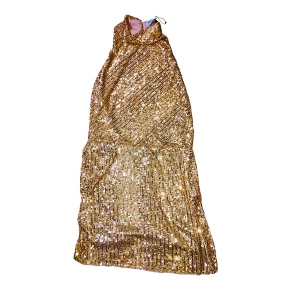 Zara gold sequin open back semi sheer halter blogger favorite mini dress size XL - Picture 12 of 13